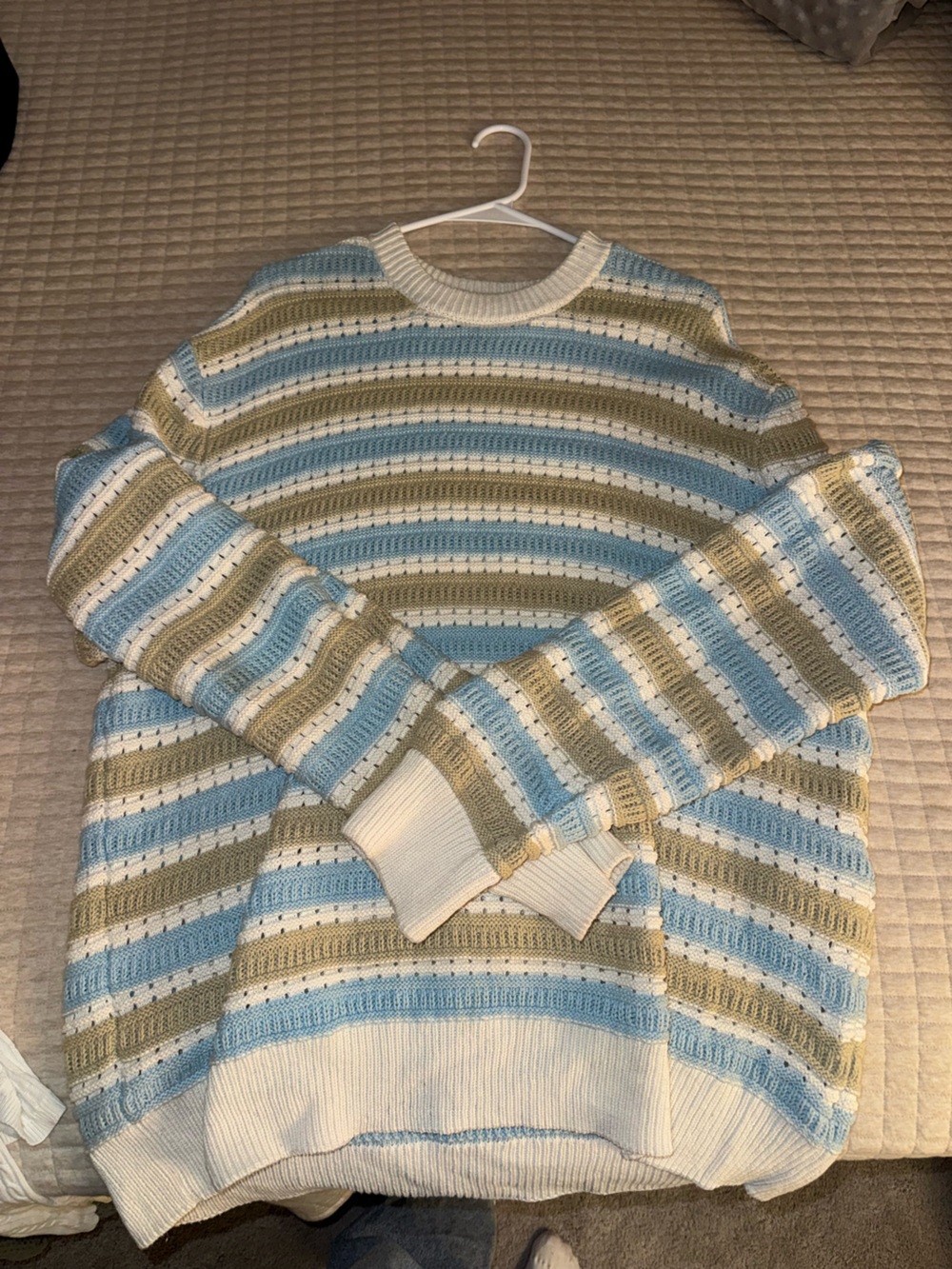 H&M Striped Crewneck Sweater in Light Blue, Cream & Olive Green